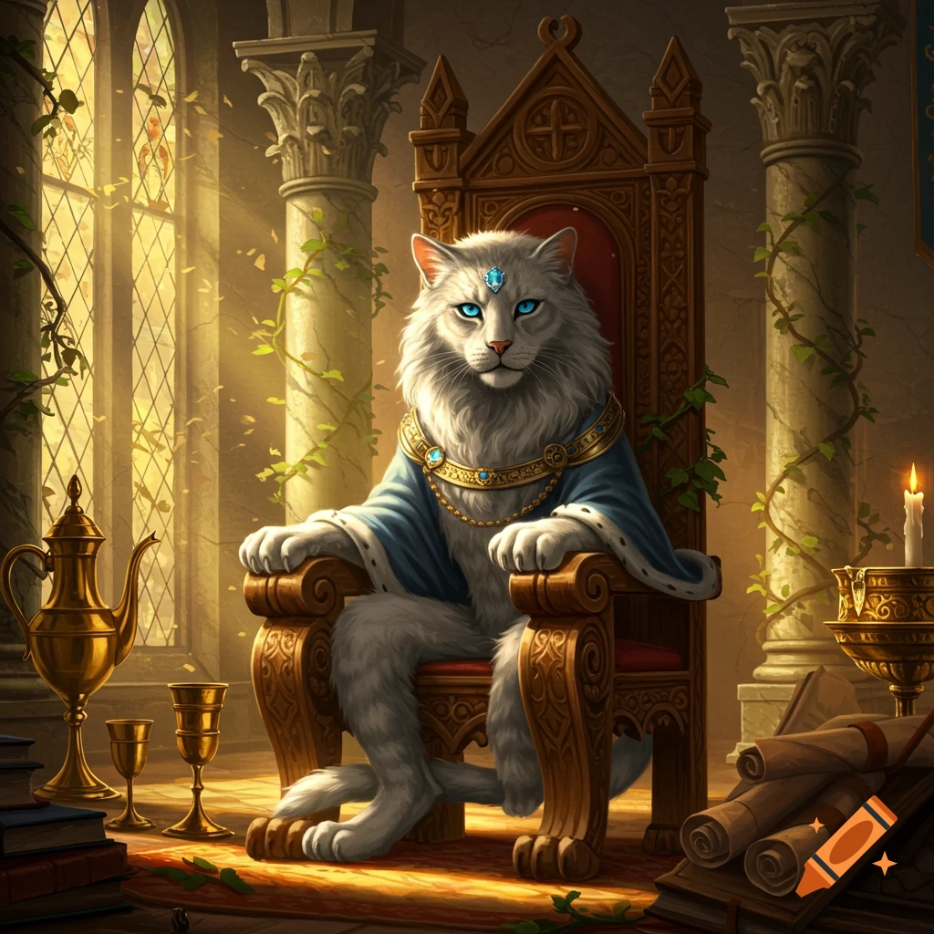A majestic white cat king with blue eyes and a crown, wearing a blue and gold robe, sits on an ornate wooden throne in a sunlit castle hall.