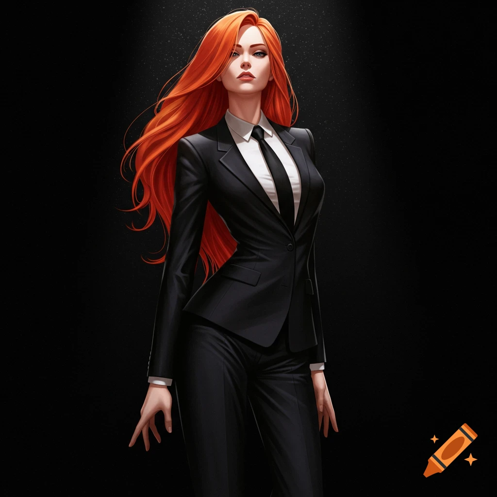 A striking woman with long, flowing red hair wears a sharp black suit and tie, standing against a dark background.