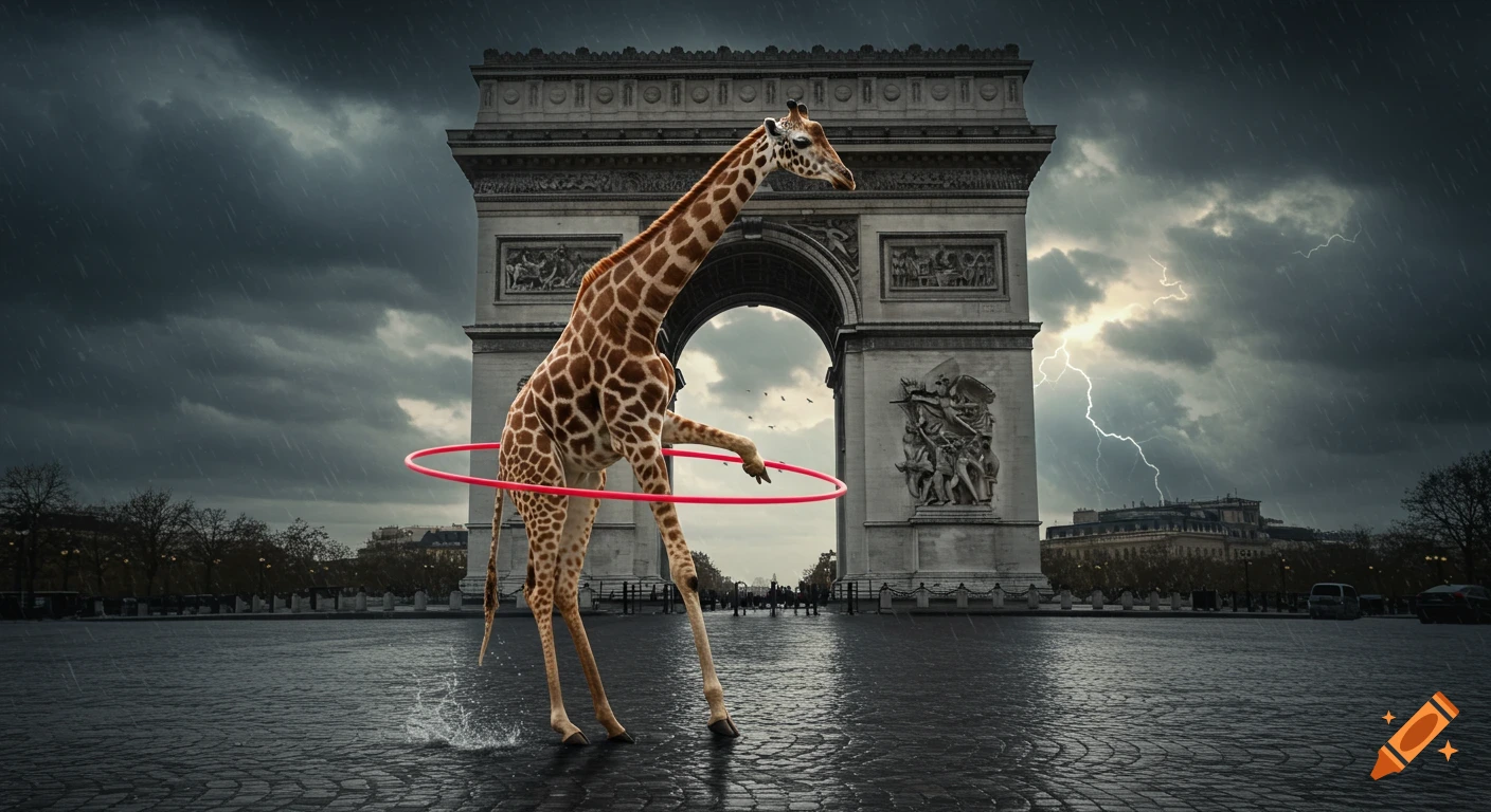 A photorealistic giraffe hula hooping with a red hoop in front of the Arc de Triomphe on a stormy day with rain and lightning.