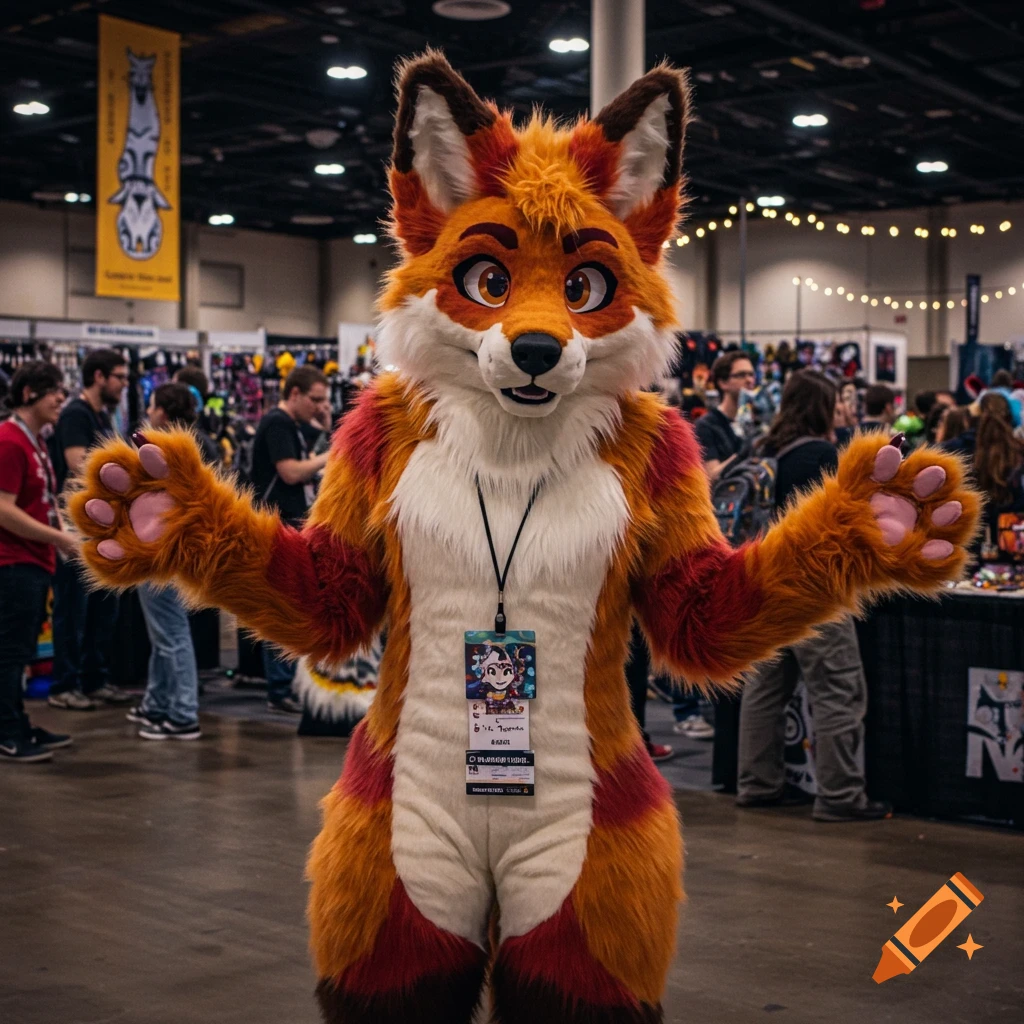 A person in an orange and white fox fursuit stands with open arms at a crowded convention.