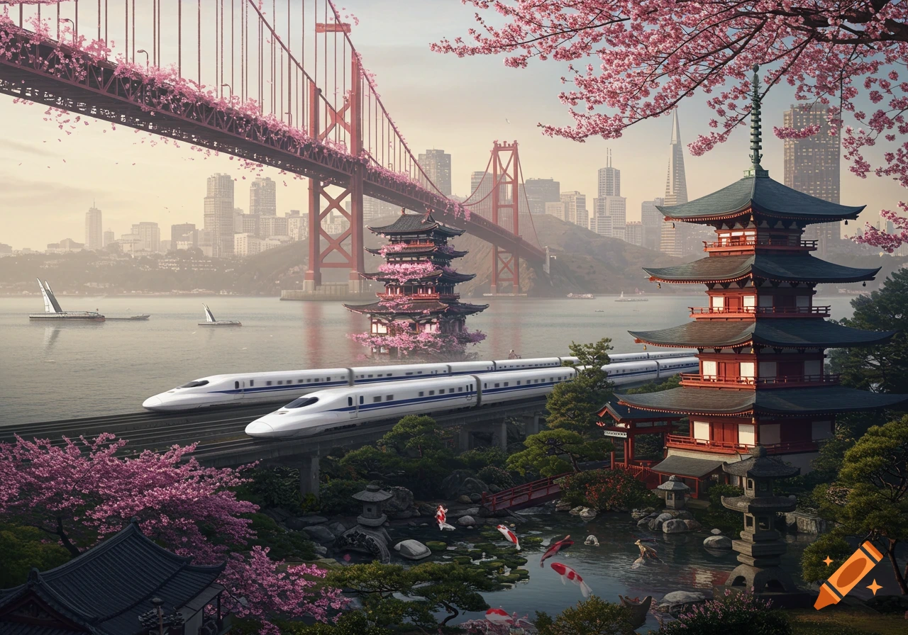 Photorealistic fantasy landscape with Japanese pagodas, bullet trains, and cherry blossoms integrated with San Francisco's Golden Gate Bridge and skyline.