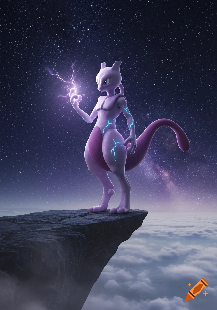 Photorealistic Mewtwo stands on a cliff edge, generating purple lightning, under a vast starry night sky above clouds.