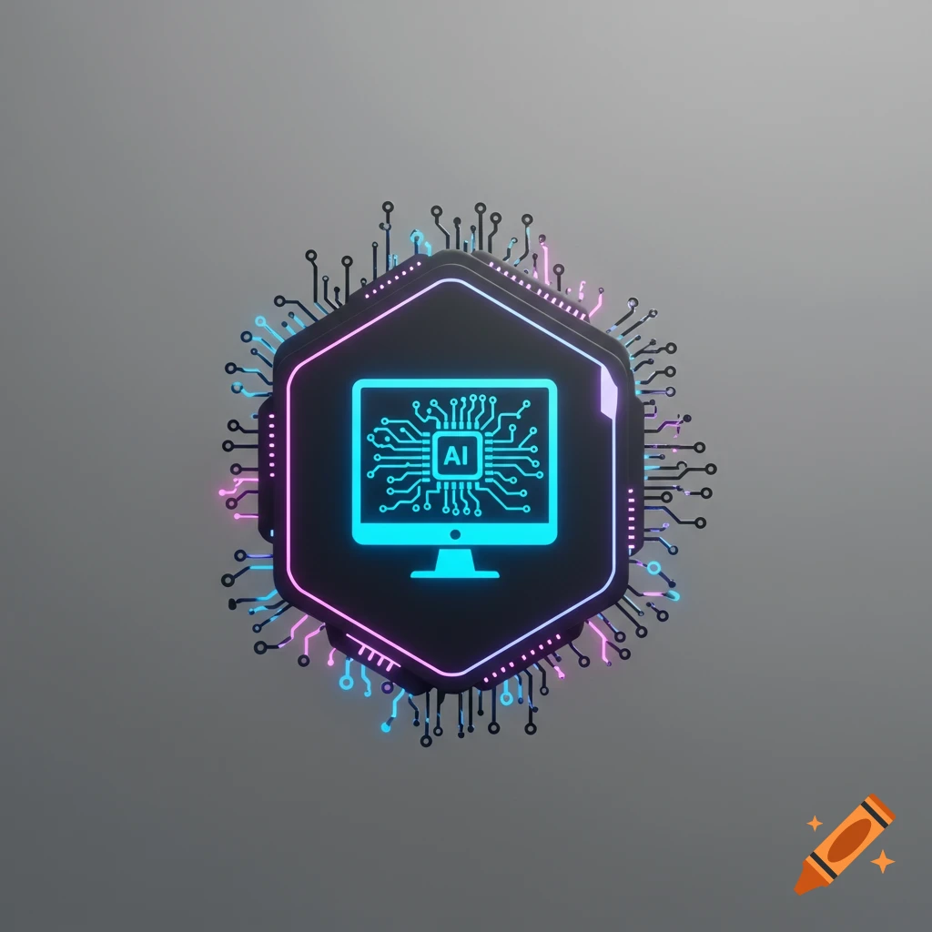 A hexagonal AI icon featuring a glowing blue computer screen with a circuit board, surrounded by neon circuit lines on a gray background.