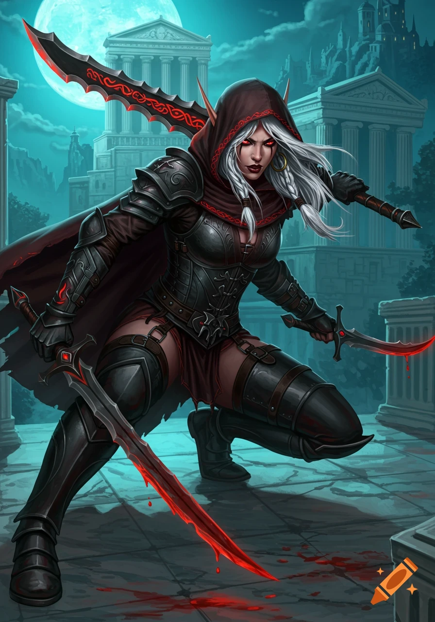 A white-haired elf assassin in dark armor crouches with bloody swords in an ancient city under moonlight, fantasy digital painting.