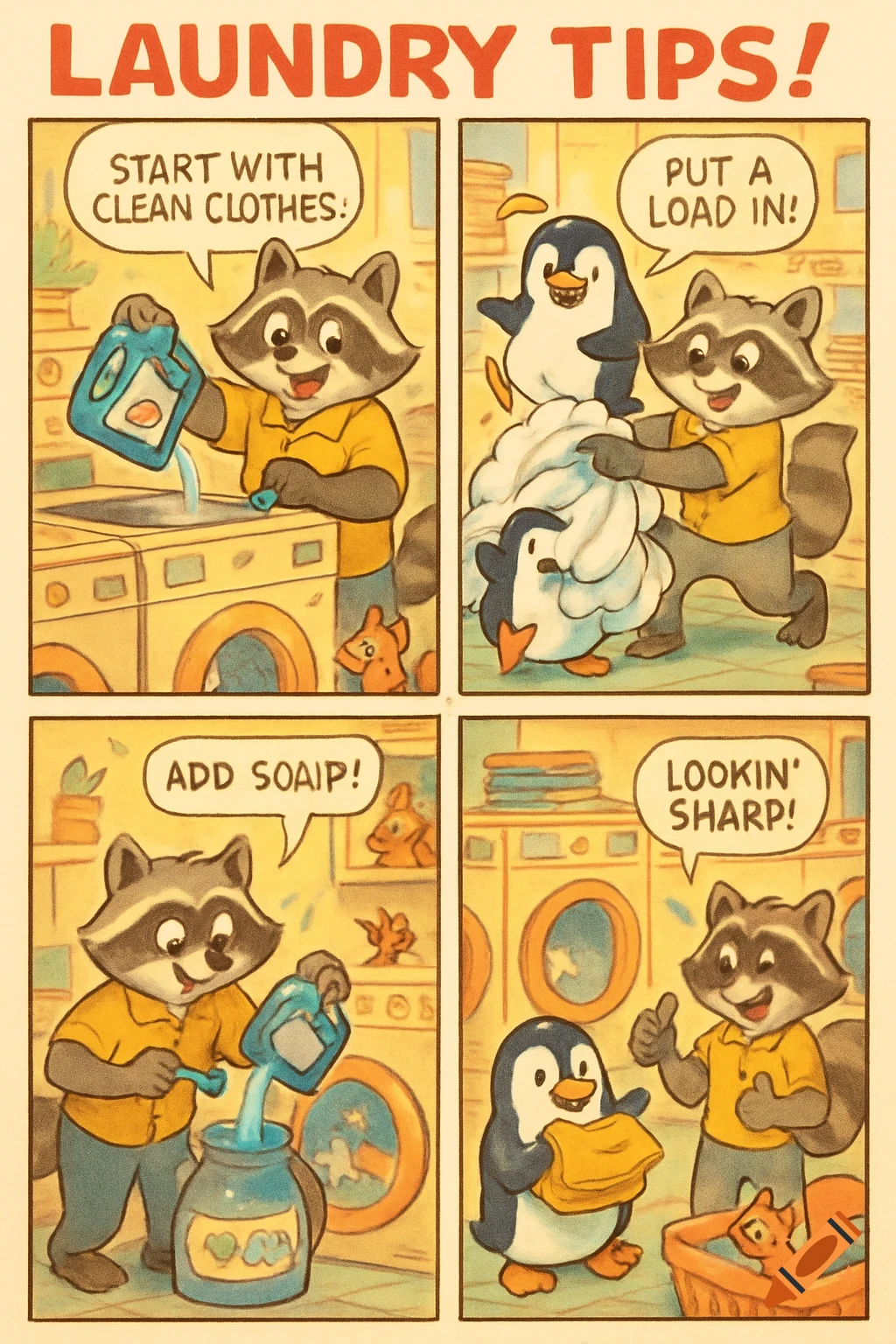 A four-panel comic strip shows a raccoon and a penguin doing laundry, with humorous tips like 'ADD SOAIP!' and 'LOOKIN' SHARP!'