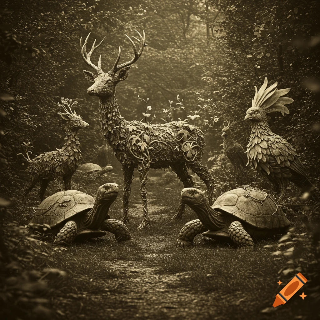Antique sepia photograph of intricate vine and leaf sculptures of deer, turtles, and a bird in a mystical forest.