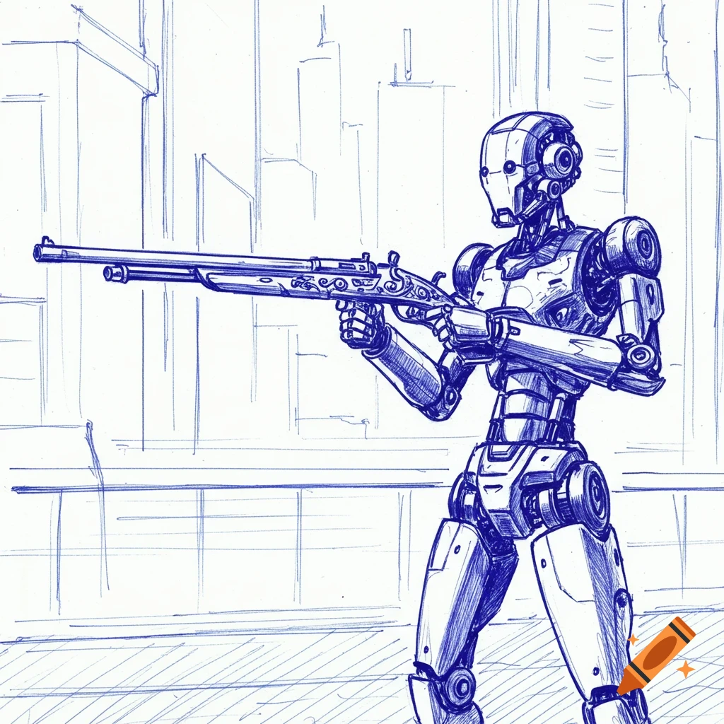 A blue ballpoint pen sketch in manga style shows a robot aiming a blunderbuss in a minimalist city background.
