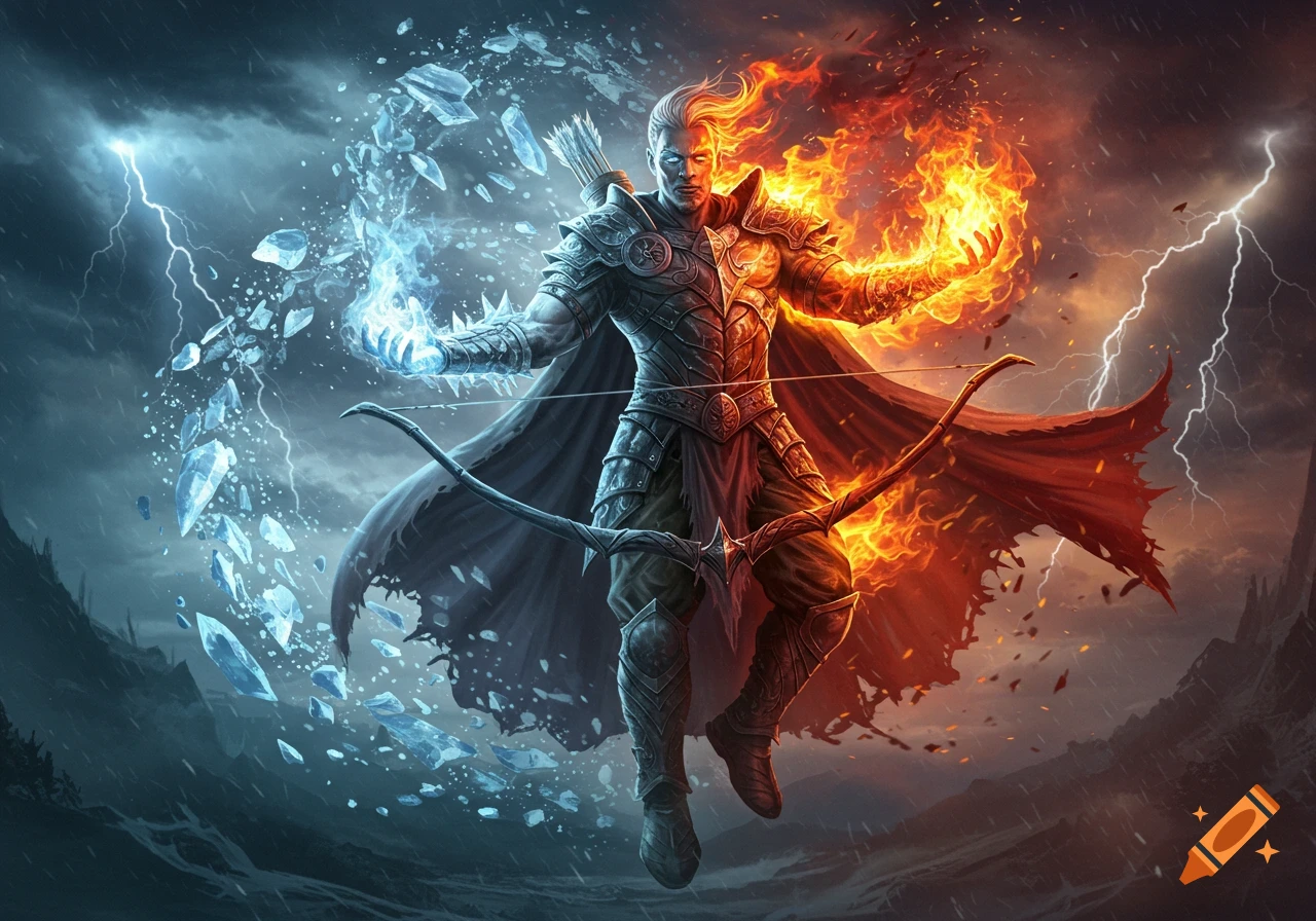 A fantasy warrior with a bow and arrow, generating ice and fire from his hands against a stormy, lightning-filled sky.