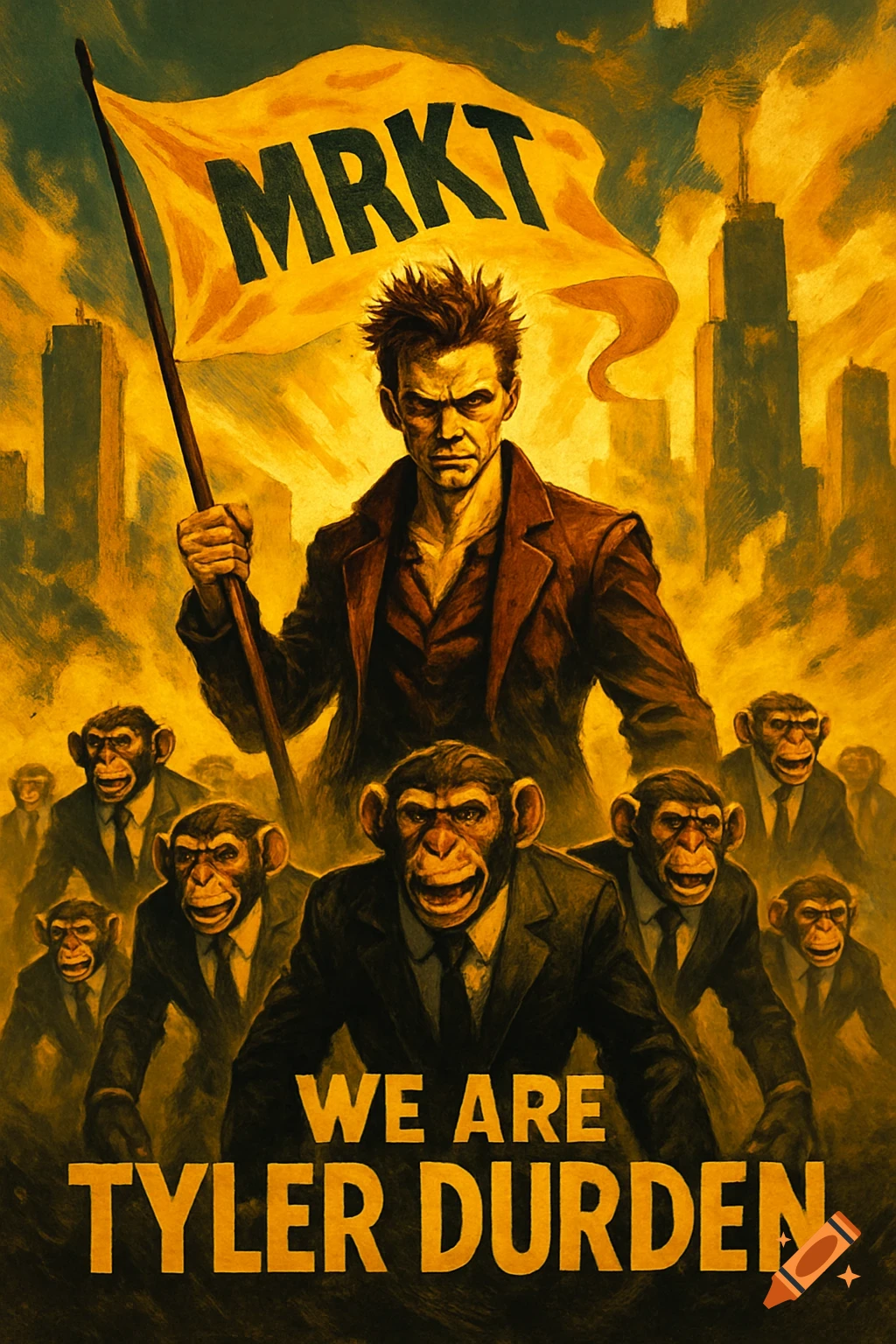 Stylized poster of Tyler Durden leading a monkey army in suits, holding an 'MRKT' flag, with 'WE ARE TYLER DURDEN' text.