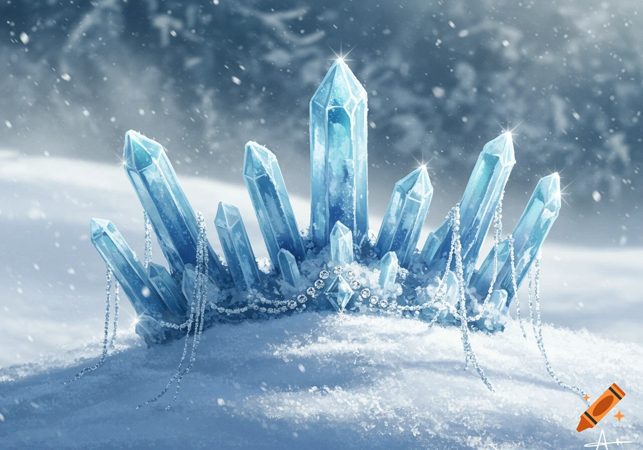 A sparkling crown made of blue ice crystals and diamonds, sitting in fresh snow with snow falling in a winter landscape.