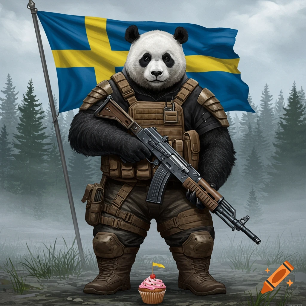 A warrior panda in military gear holds an assault rifle while standing in front of a Swedish flag, with a cupcake at its feet. Fantasy art style.