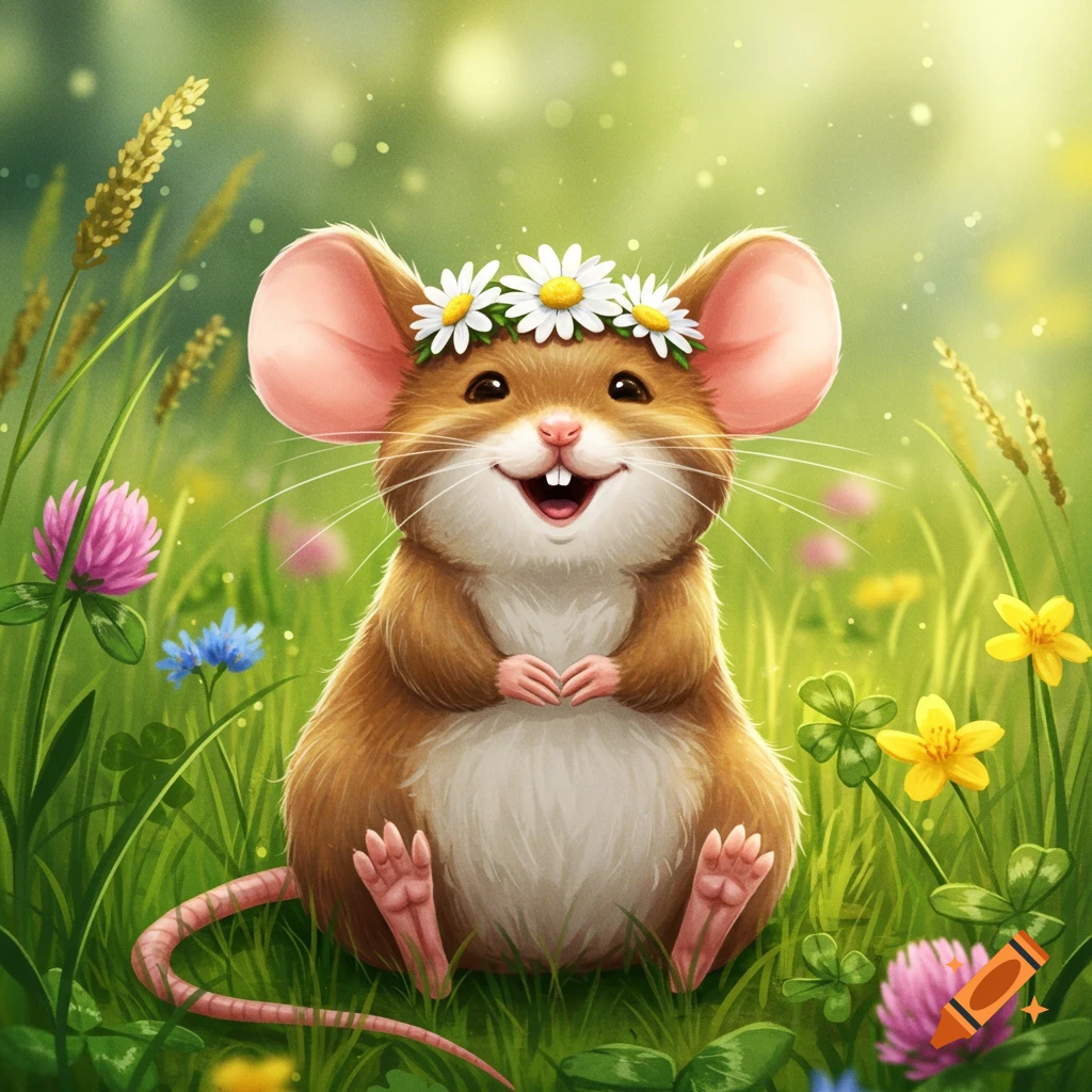 A happy, stylized brown and white mouse with large pink ears wears a daisy crown, sitting in a vibrant green field with colorful wildflowers.