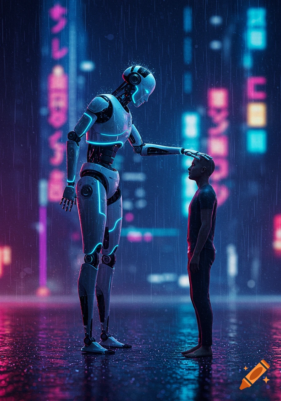 A tall white robot with glowing blue lines gently pats a bald human's head in a neon-lit, rainy cyberpunk city street.