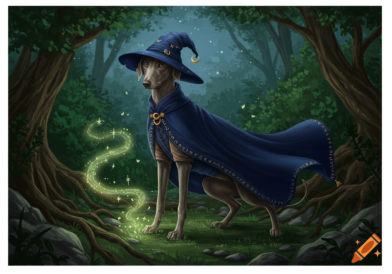 A greyhound wizard in a blue hat and cape stands in an enchanted forest, casting a glowing green spell. Illustration style.
