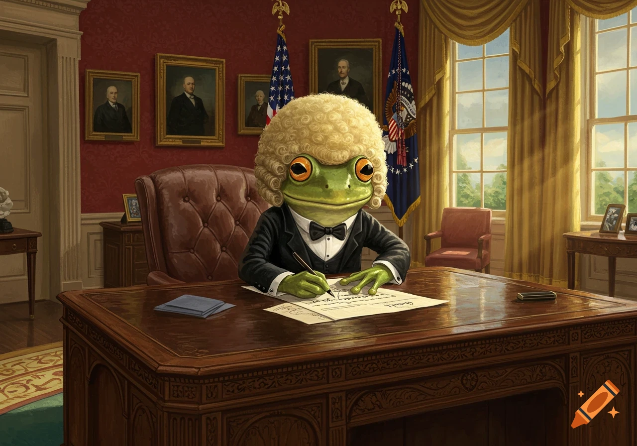 A frog in a white curly wig and a black tuxedo signs a document at a large wooden desk in a formal office with flags and portraits.