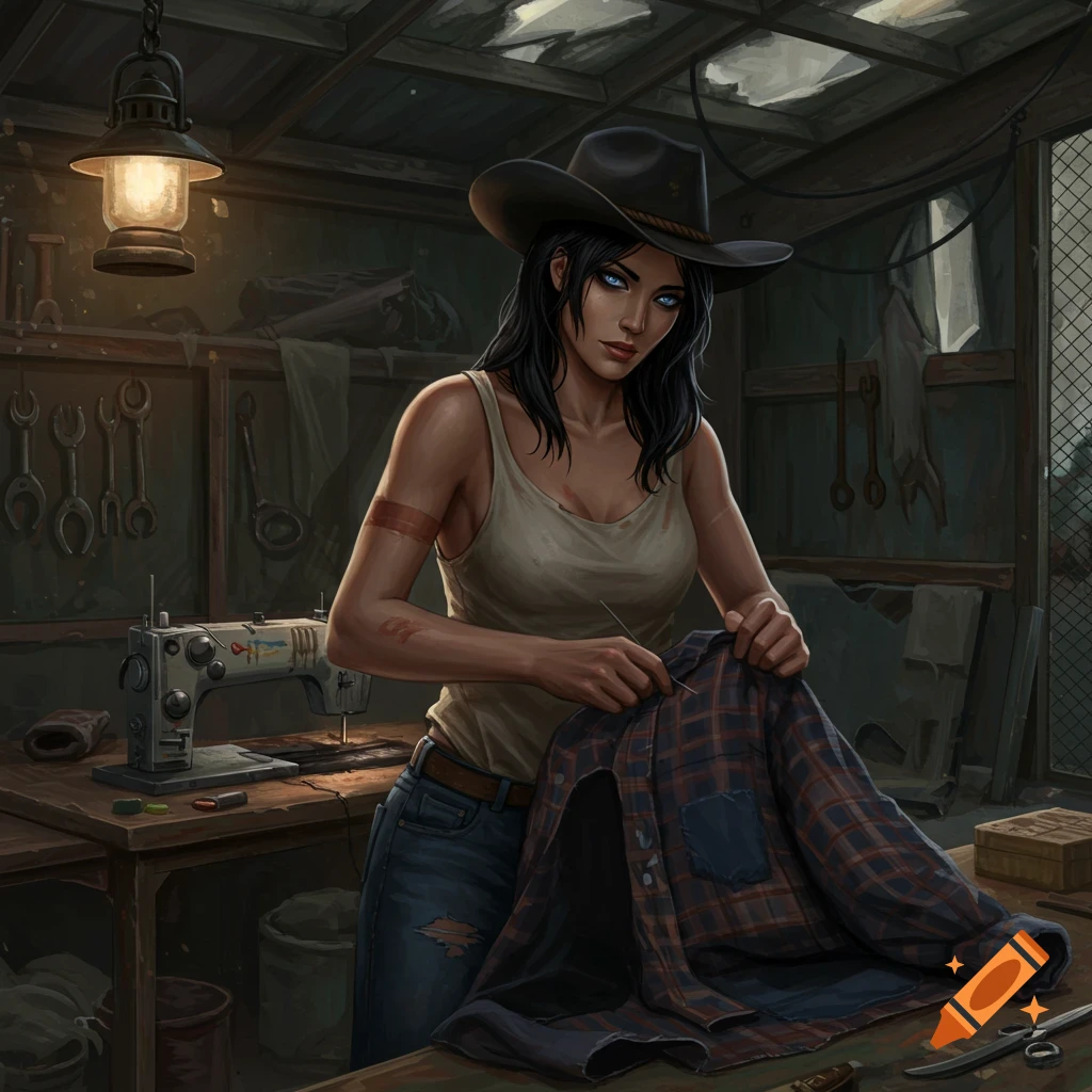 A woman in a black cowboy hat and tank top mends a flannel shirt in a gritty, dimly lit workshop, in a fantasy art style.