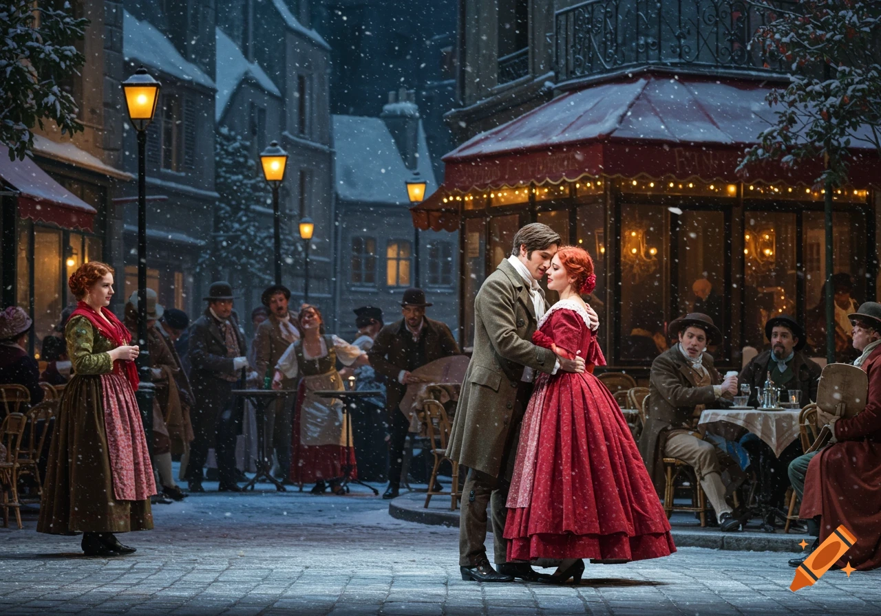 A couple embraces on a snowy street in a historical European city, with people, cafes, and illuminated buildings in the background, in a photorealistic style.