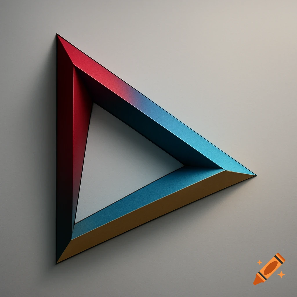 An impossible Penrose triangle in metallic red, blue, and gold shades, casting a shadow on a light gray background.