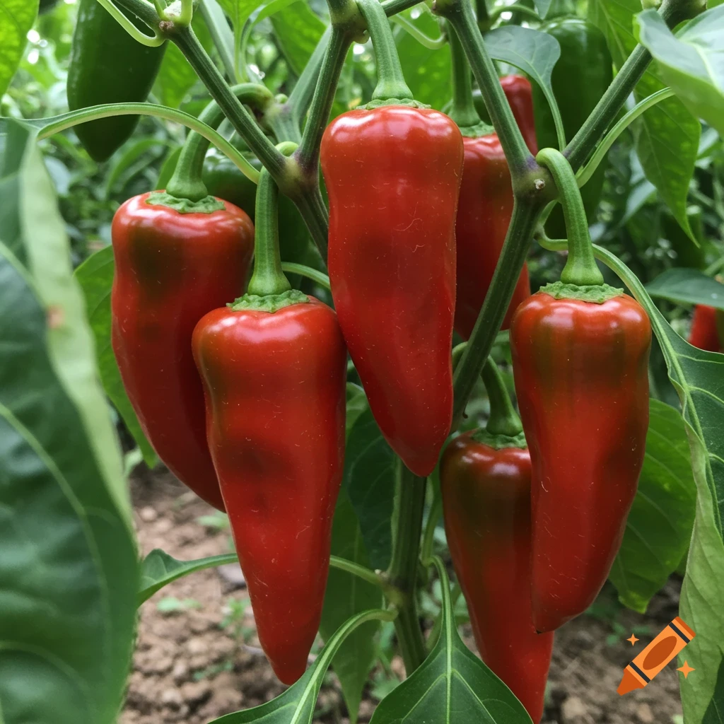 Close-up of vibrant red Calabrian chili peppers growing on a green plant.