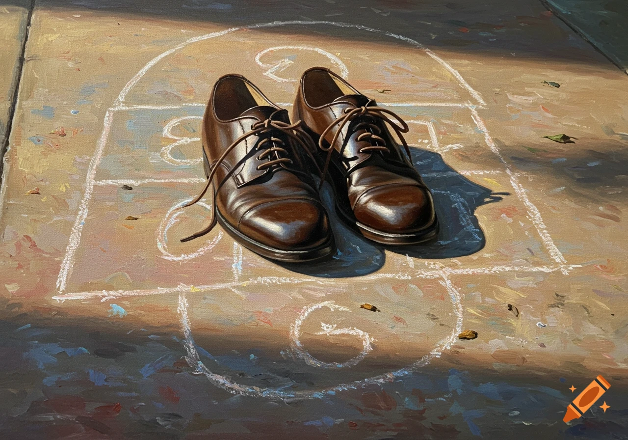 A pair of brown dress shoes sits on a chalk hopscotch grid on a paved surface, rendered in an oil painting style.