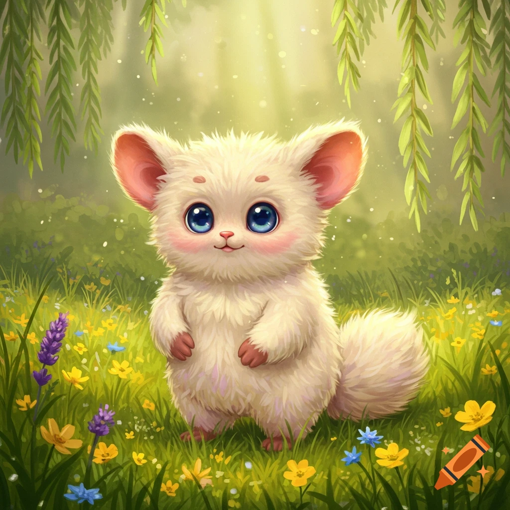 A fluffy white cartoon creature with big blue eyes and pink ears stands in a sunny field of green grass and wildflowers under hanging green leaves.