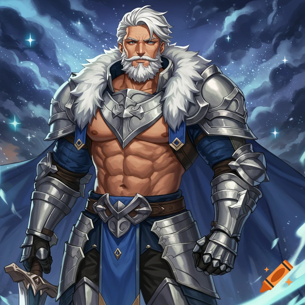 Muscular older man with white hair and beard, wearing silver armor with a fur collar and blue cape, holding a sword against a starry sky.