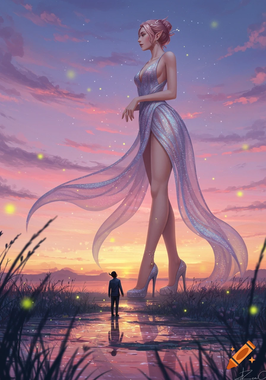A giantess with pink hair in a shimmering dress stands over a tiny man at sunset, surrounded by fireflies.
