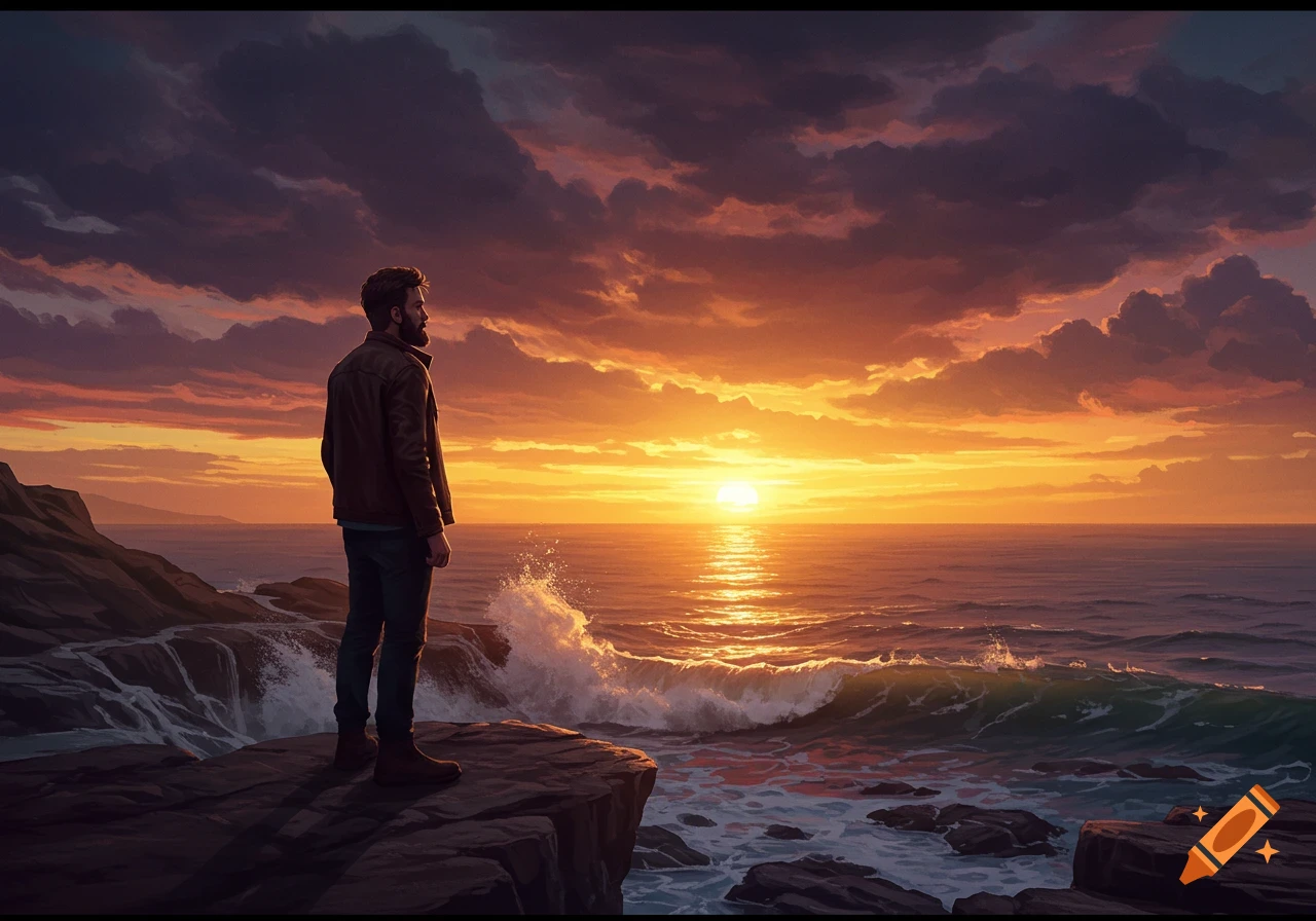A bearded man in a jacket stands on a cliff, gazing at a vibrant orange and purple sunset over a wavy ocean.