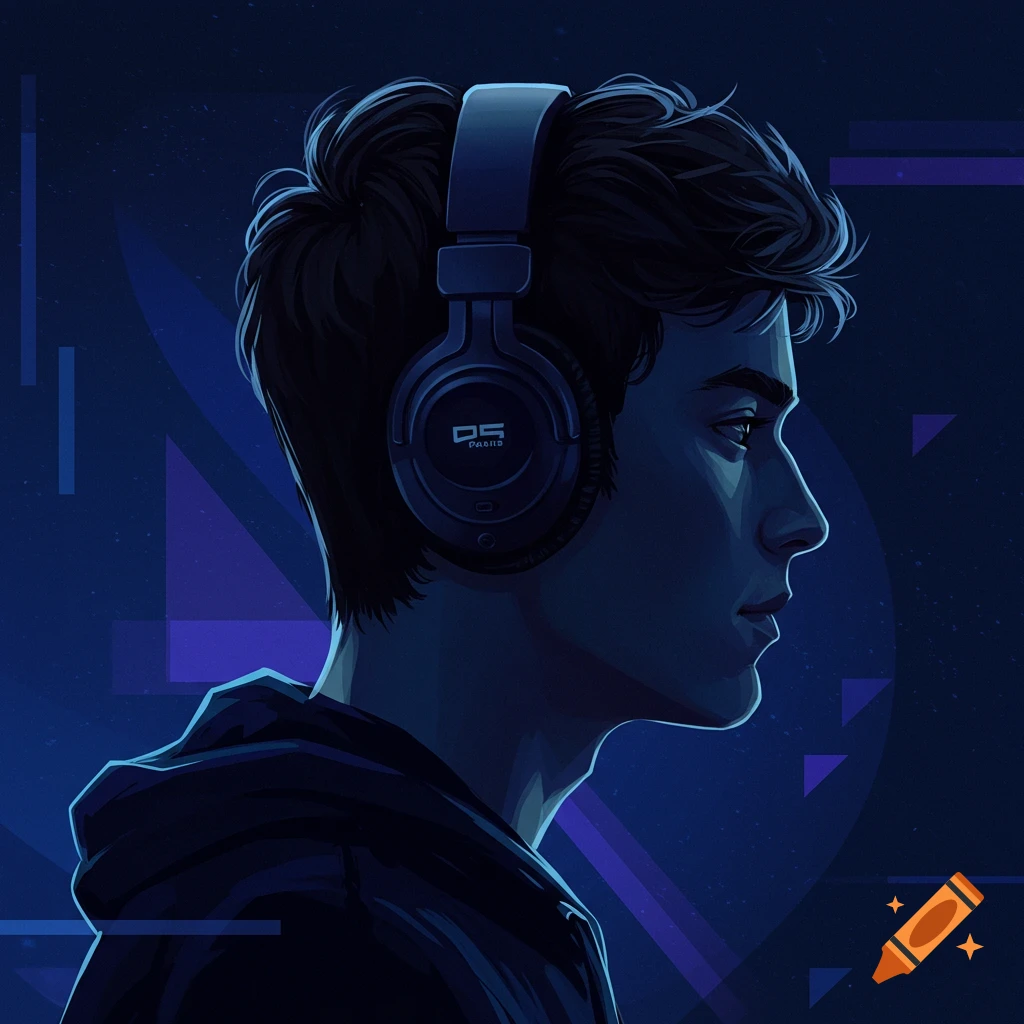 A stylized digital art portrait of a young man in profile, wearing dark over-ear headphones, against a dark blue background with geometric shapes.
