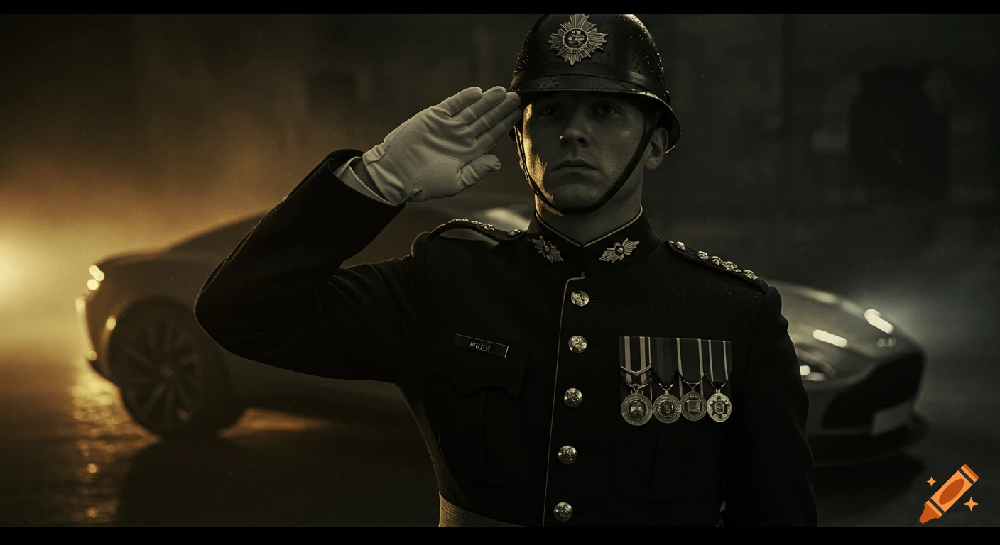 A man in a military uniform and helmet salutes on a dark, rainy night, with a car in the background, in a dramatic, monochrome style.