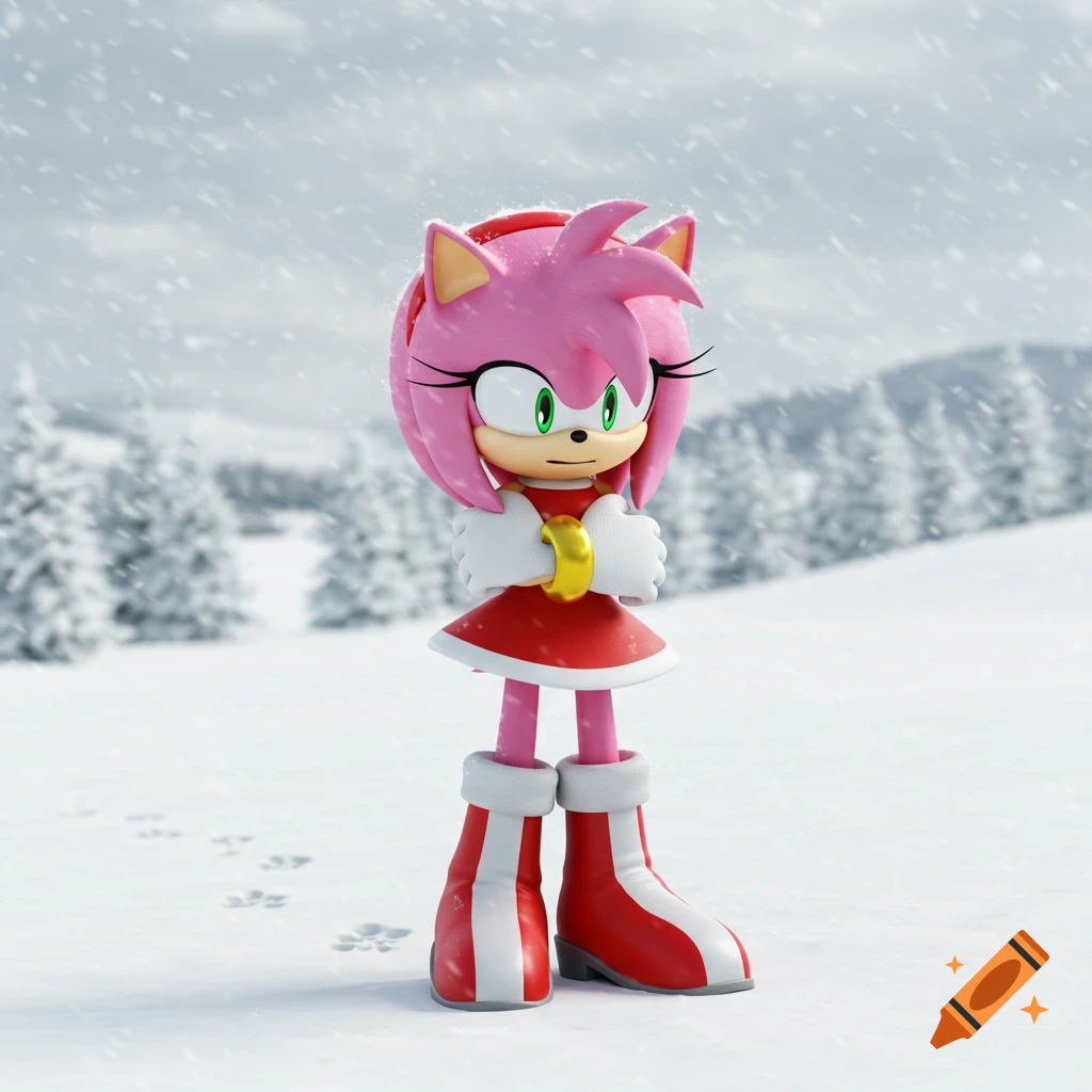 Amy Rose shivers in a snowy landscape with pine trees. She wears a red dress and red and white boots.