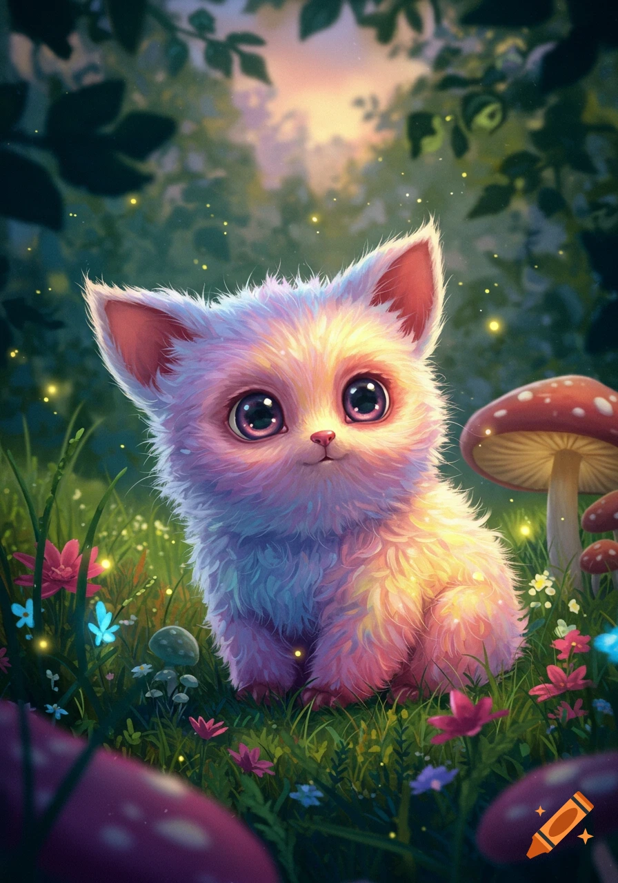 A fluffy, pastel-colored creature with big eyes sits in a whimsical forest among glowing fireflies and mushrooms.