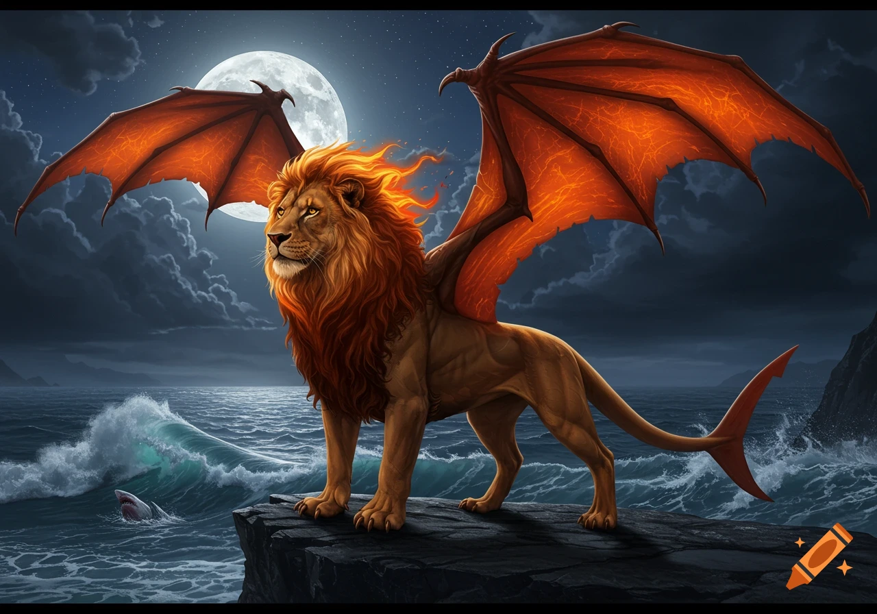 A majestic winged lion with a shark tail stands on a cliff by a stormy ocean under a bright full moon, in a detailed fantasy illustration.