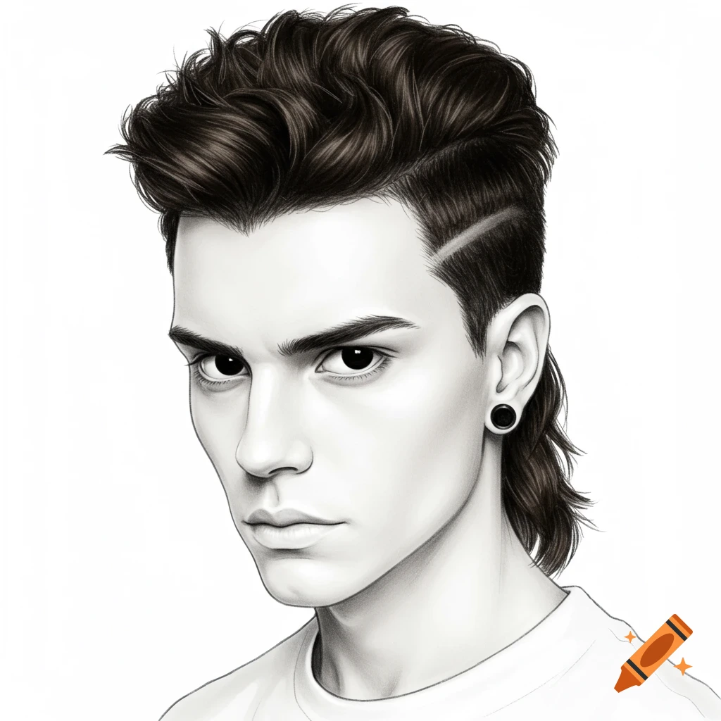 A drawing of a teenage male with dark brown modern mullet, shaved sides, black eyes, and a black ear plug.