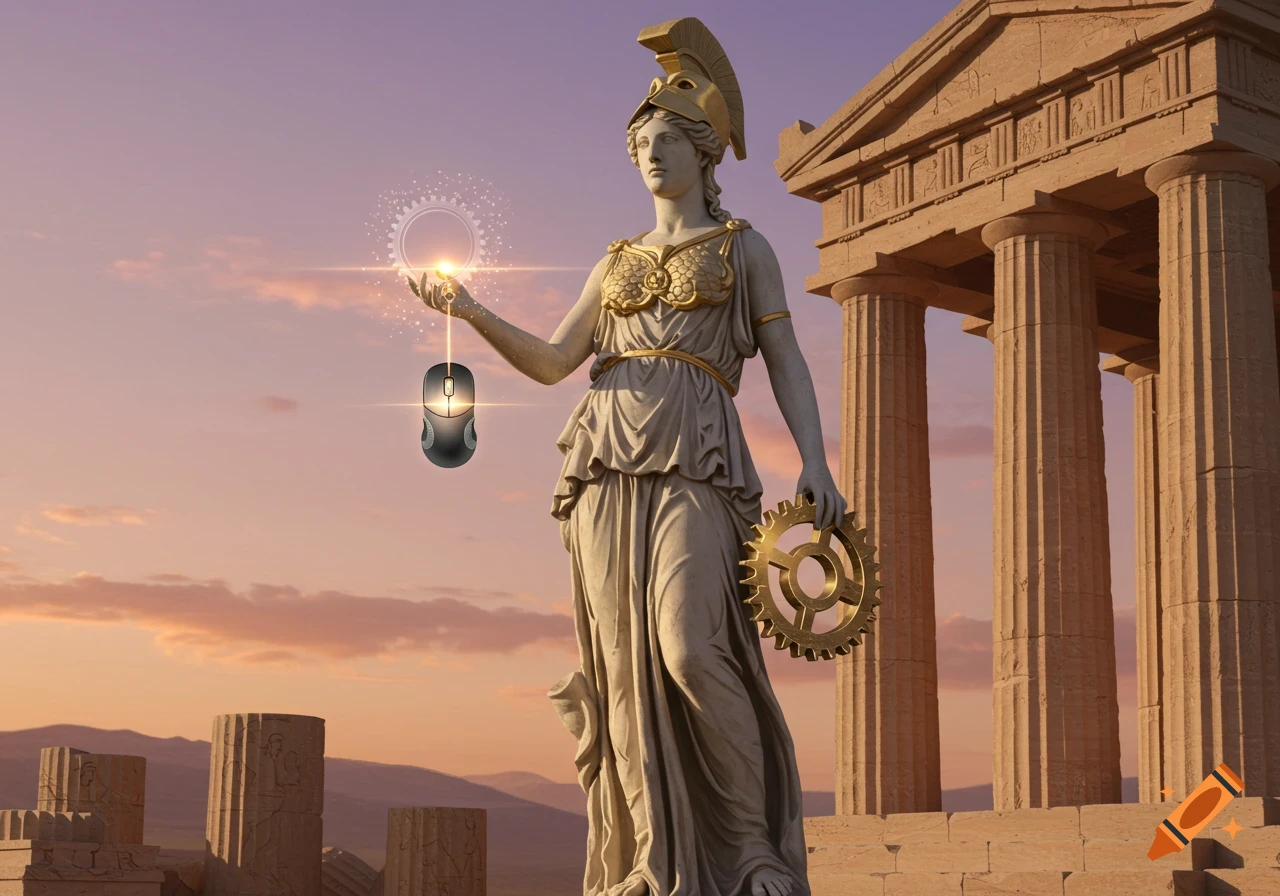 Photorealistic statue of Athena holding a computer mouse and gear, standing by temple ruins at sunset.