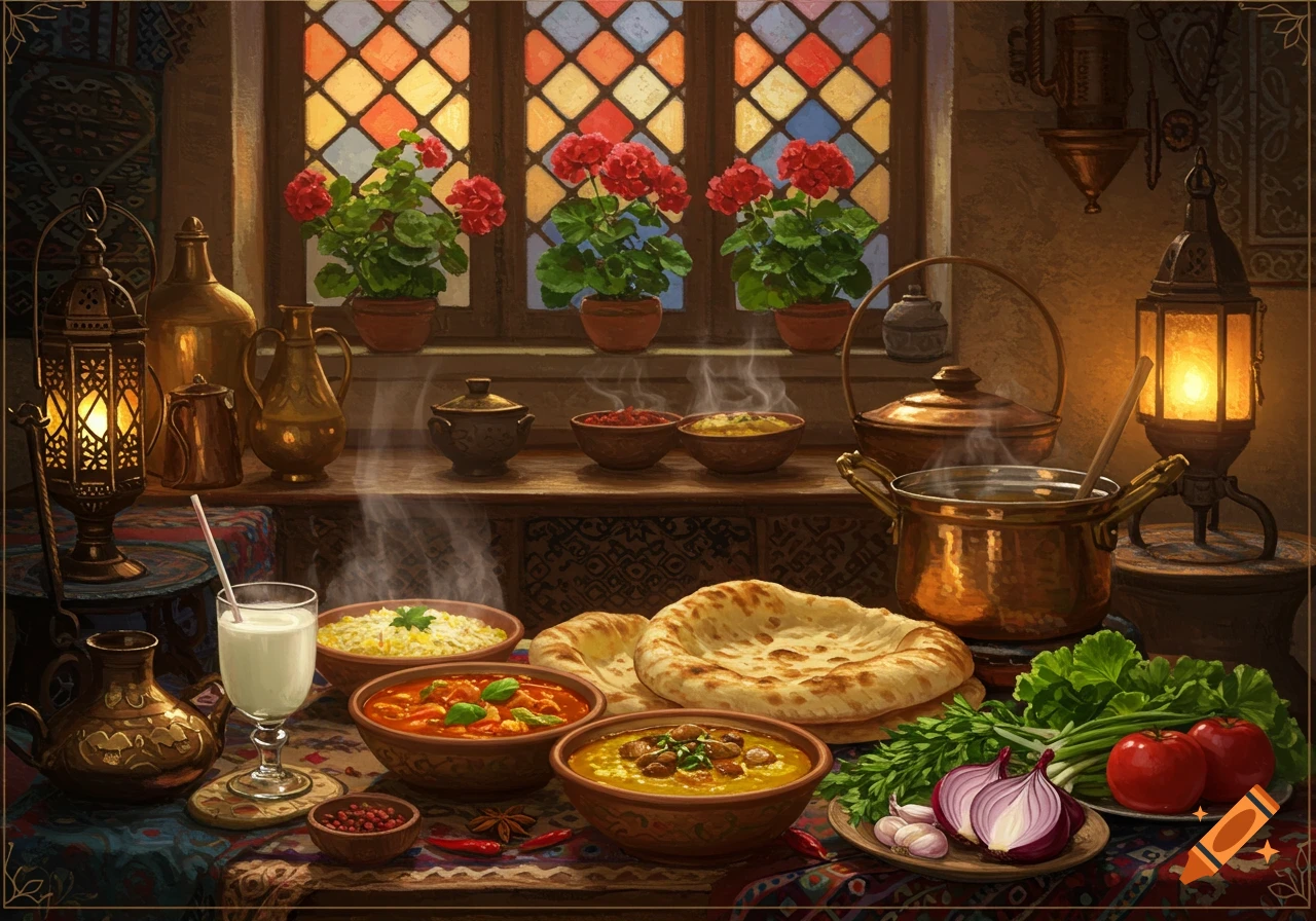 A lavish spread of traditional Persian food, including Dizi, Sangak bread, and fresh vegetables, in a cozy kitchen with stained glass windows and lanterns.