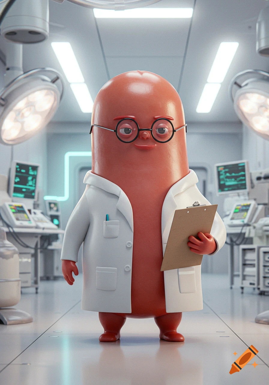 A cartoon sausage character wearing glasses and a lab coat holds a clipboard in a sterile medical room.