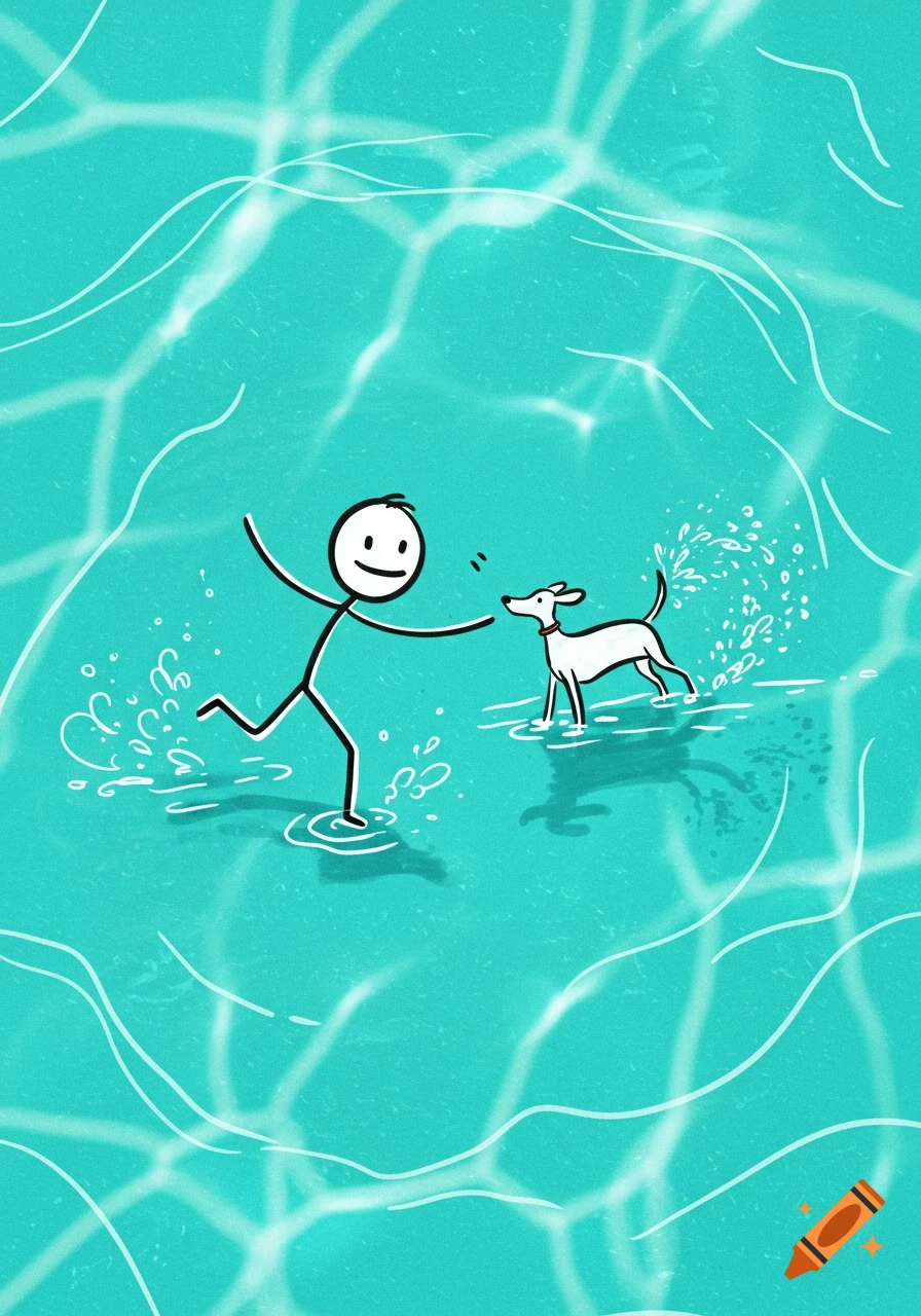 A happy stick figure and a white dog splash and play in a bright blue pool, cartoon style.