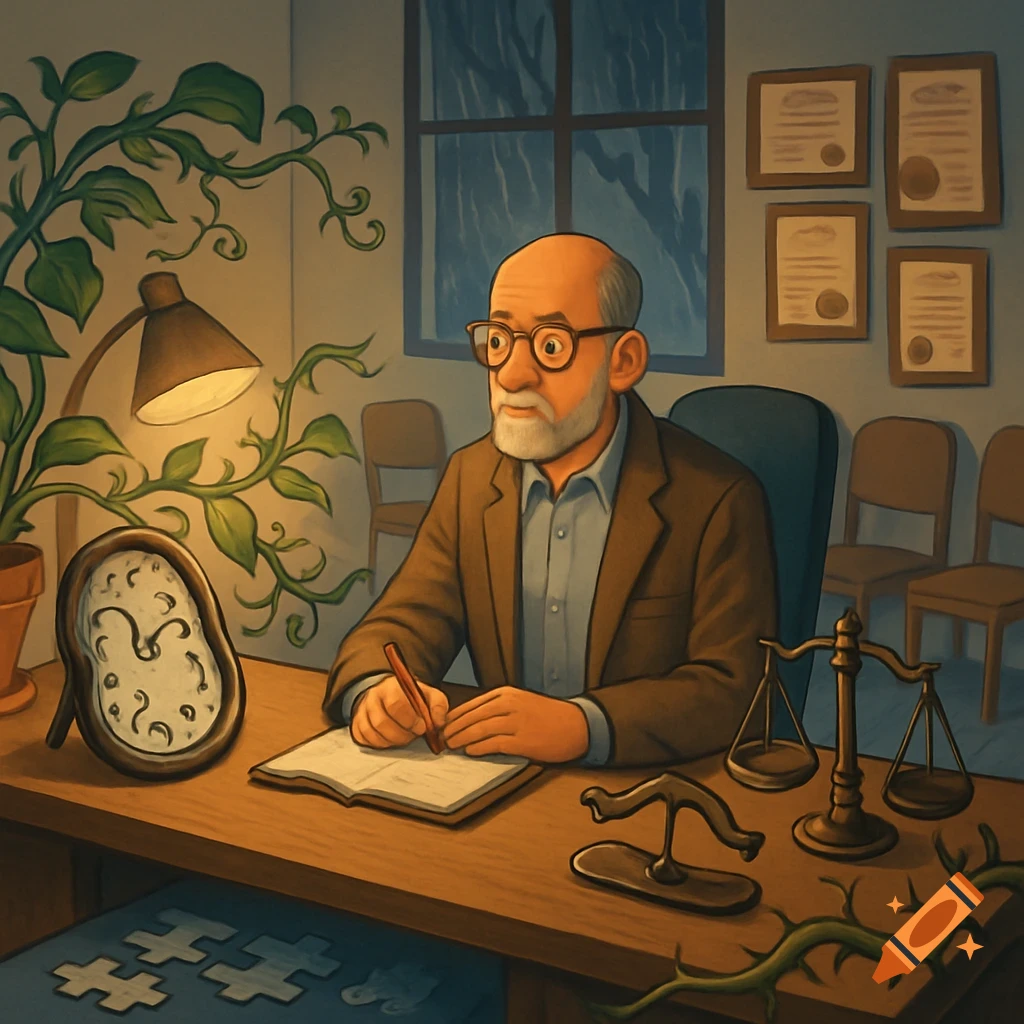 A stylized illustration of a bald man with glasses and a beard writing at a desk with a melting clock, scales of justice, and puzzle pieces, with vines climbing the wall.