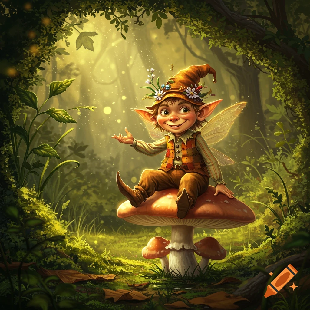 A cute, smiling farfadet with pointed ears and wings sits on a large mushroom in an enchanted forest with sunbeams. Digital illustration.