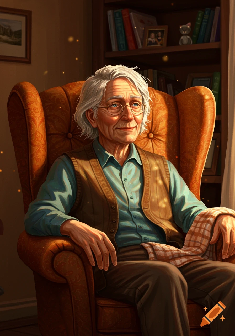 A smiling elderly man with white hair and glasses sits in a cozy, patterned armchair in a warm, illustrated room with a bookshelf.