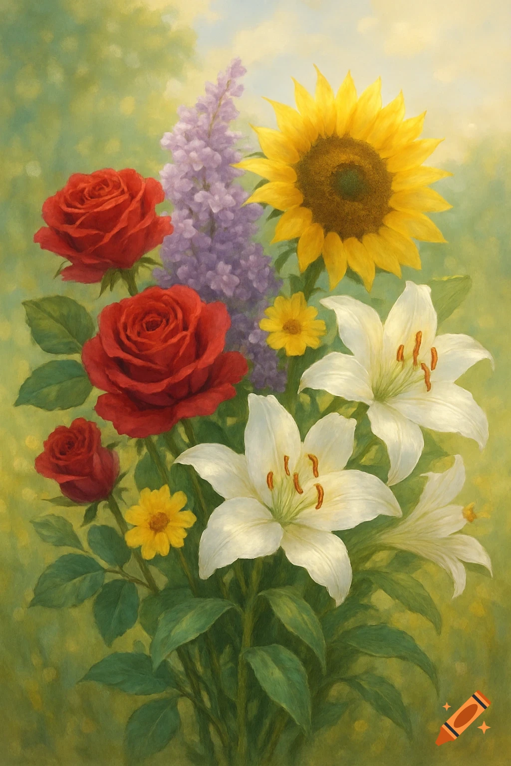 Vibrant painting of a bouquet with red roses, white lilies, a sunflower, and purple lavender against a soft green background.