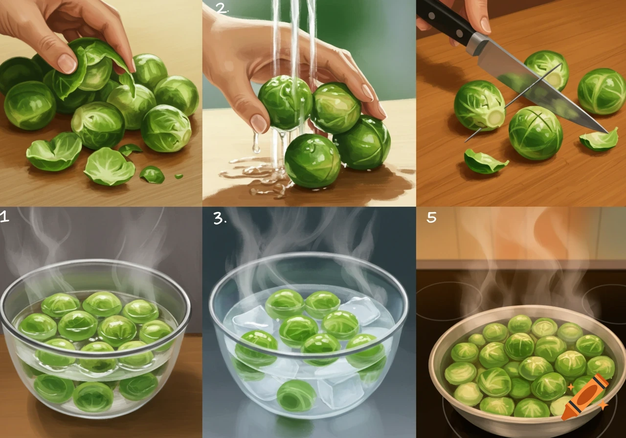 Six illustrated panels showing how to prepare Brussels sprouts: cleaning, washing, cutting, blanching, chilling in ice water, and heating.