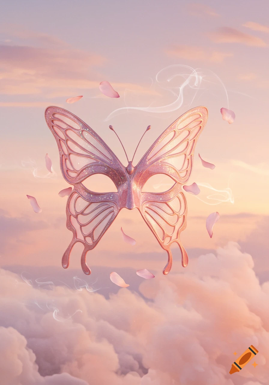 A glittery pink butterfly mask floats in a pastel pink and orange cloudy sky with scattered petals and wisps of smoke.