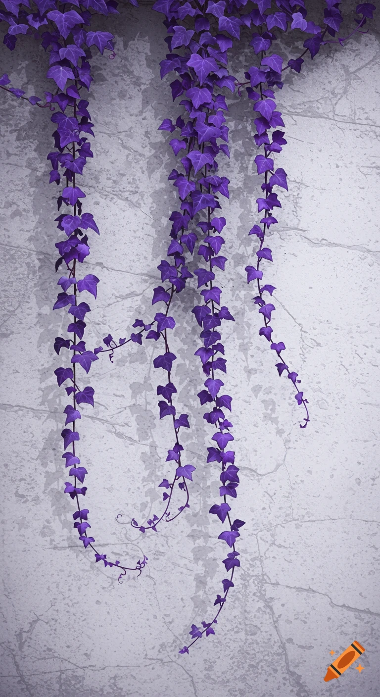 Purple ivy vines with many branches cascade down a grey textured wall.