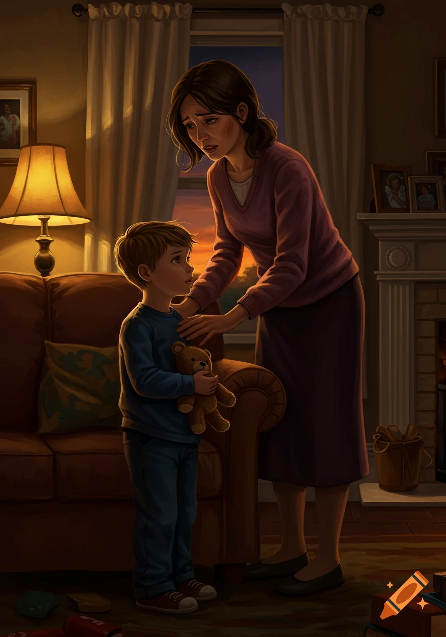 An anxious mother touches the shoulder of her sad son holding a teddy bear in a warmly lit living room, illustration.