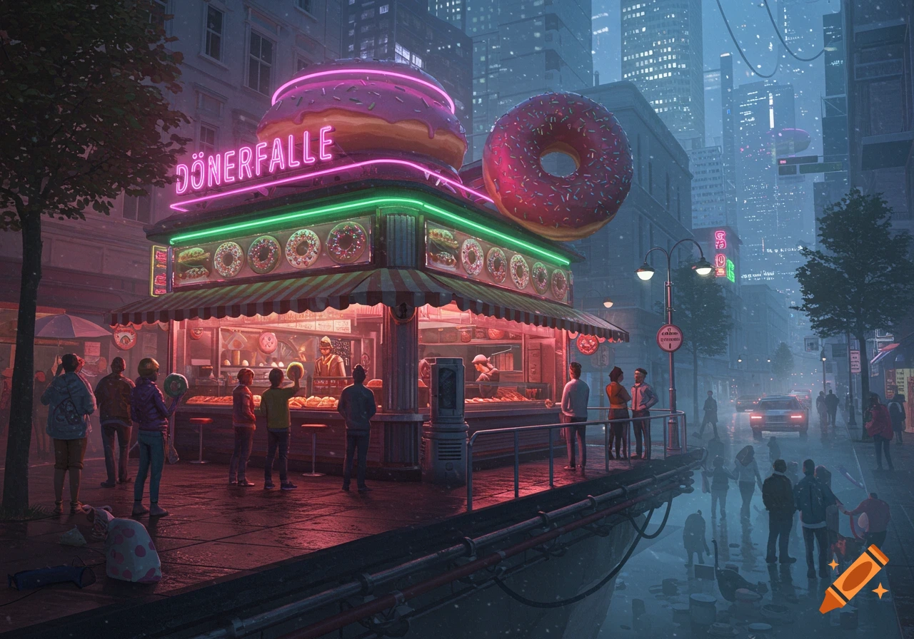 A neon-lit 'DÖNERFALLE' food stall on a bustling city street at night, with giant donuts on the roof and people queuing.