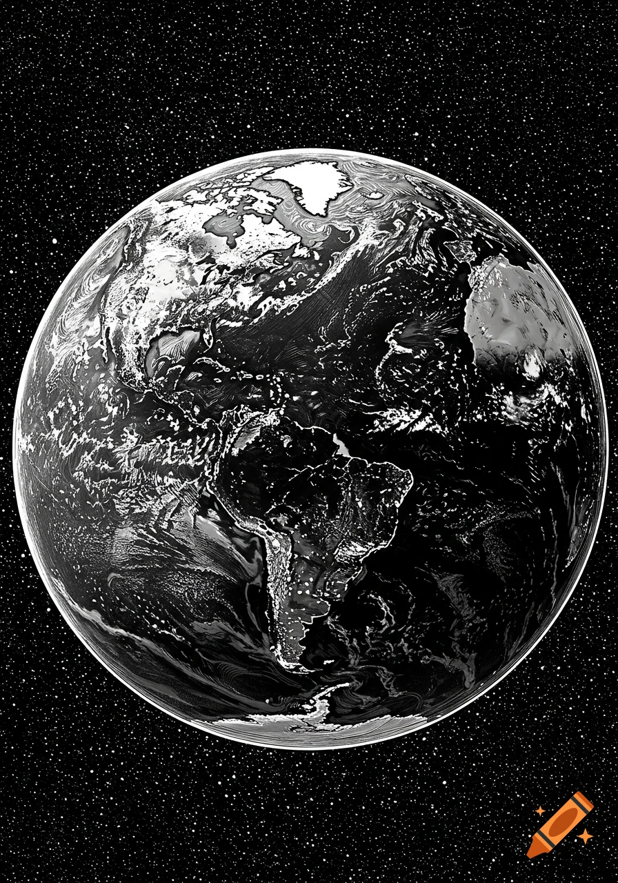 A black and white drawing of Earth seen from space, showing continents, clouds, and stars.