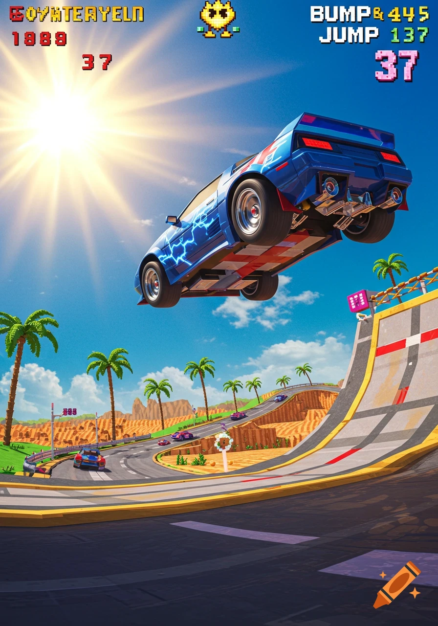 A stylized blue car with lightning decals leaps from a ramp on a desert race track with palm trees, featuring pixelated video game UI.