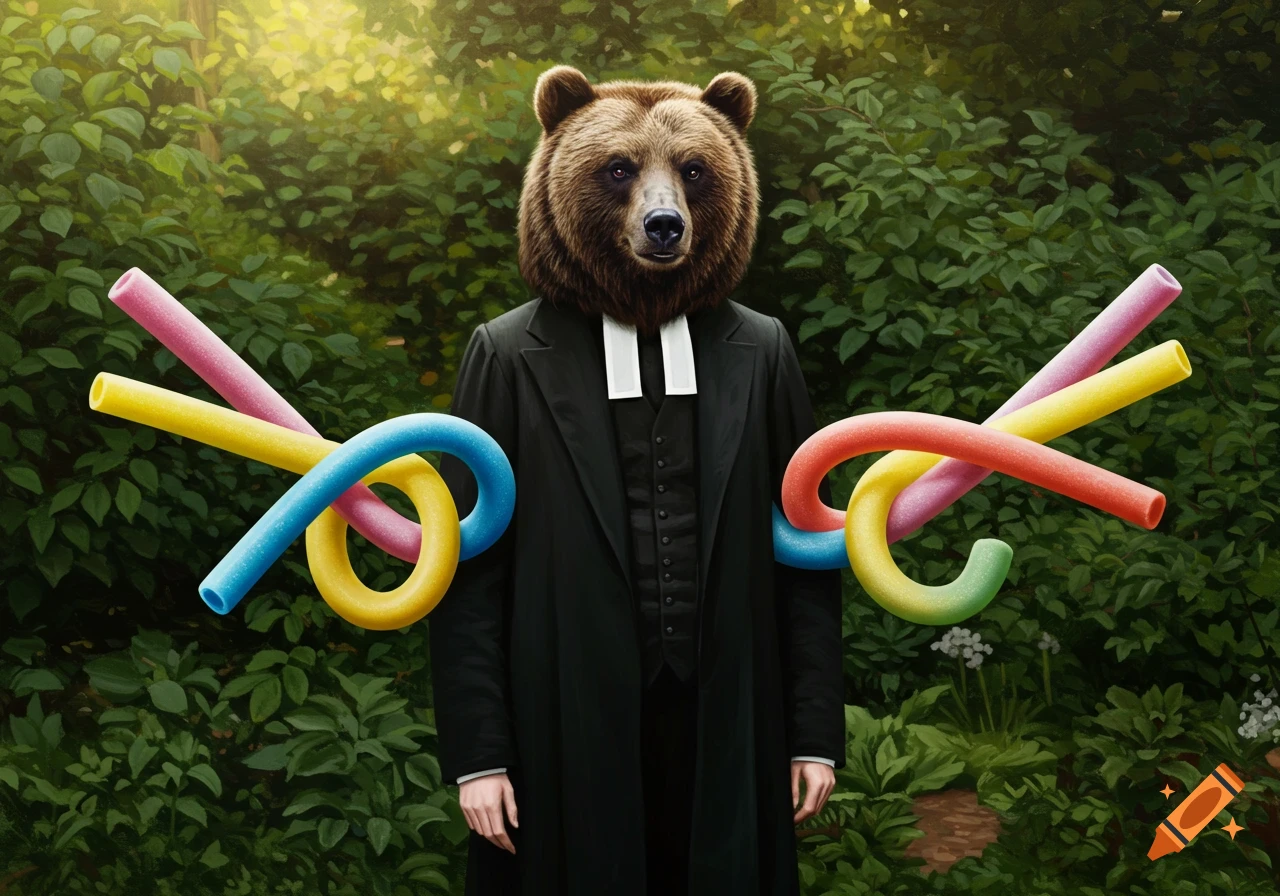 A bear in a black clerical suit stands in a forest, holding colorful intertwined pool noodles where hands should be, in a surreal, painterly style.
